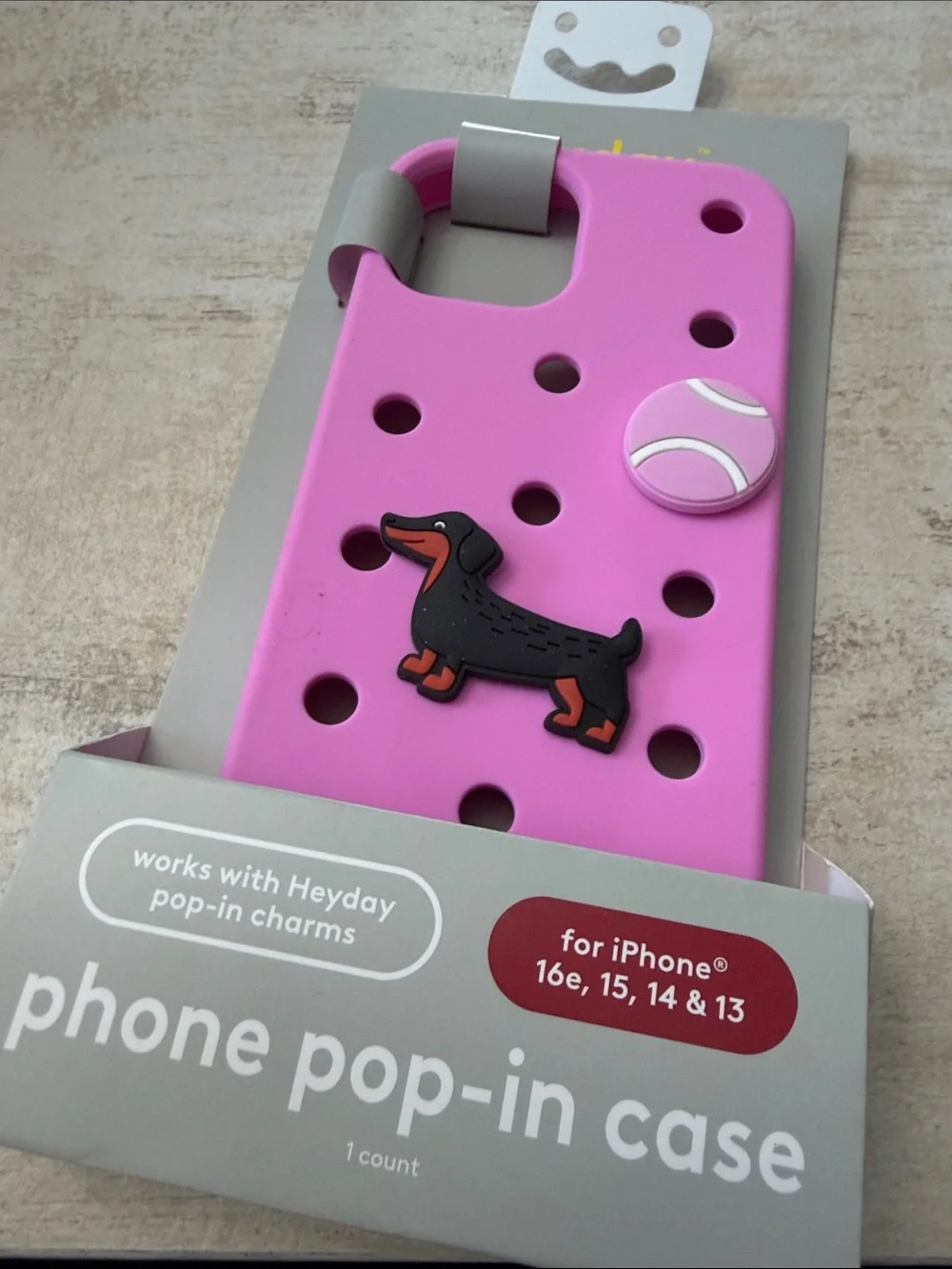 heyday Pink Phone Pop-In Case with Dachshund Charm. iPhone 16e, 15, 14 & 13